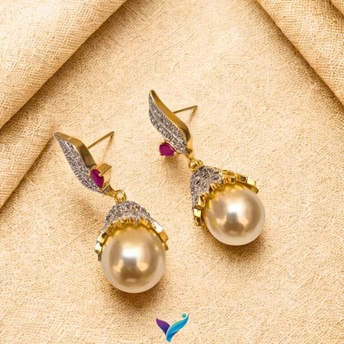 Veyora Royal Pearl Drop Earrings with American Diamond stones and gold-tone finish